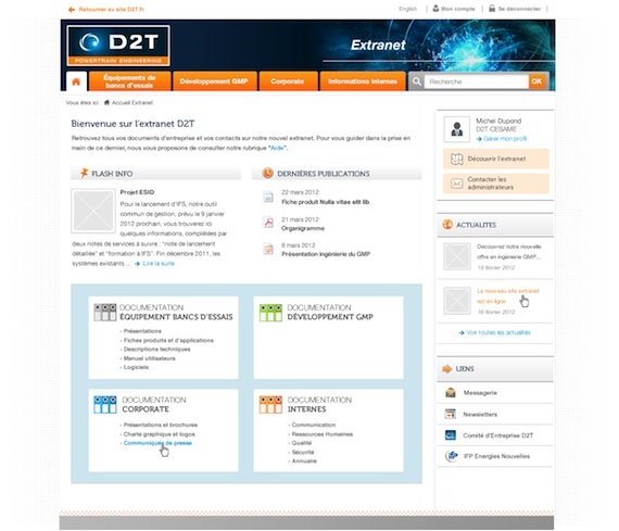 Aperçu du site extranet de l'entreprise D2T